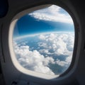 image of the aeroplane window viewing the beautiful outside aerial landscape.