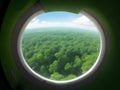 image of the aeroplane window viewing the beautiful outside aerial landscape.