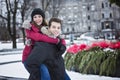Image of affectionate couple in park on winter Royalty Free Stock Photo