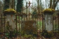 An image of an aged iron gate covered in a layer of green moss, showcasing the approach of time and natures reclamation, Rusty