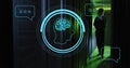 Image of ai chat dialogue and scanner with brain network over male technician in server room Royalty Free Stock Photo