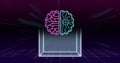 Image of ai data processing and icons over cube and dark background Royalty Free Stock Photo