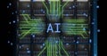 Image of ai digital data processing and text over computer servers Royalty Free Stock Photo