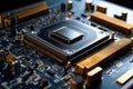 image of an ai processor chip and cpu circuit board - luminescent circuits surround the microchips and connections Royalty Free Stock Photo