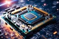 image of an ai processor chip and cpu circuit board - luminescent circuits surround the microchips and connections Royalty Free Stock Photo