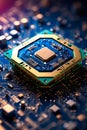 image of an ai processor chip and cpu circuit board - luminescent circuits surround the microchips and connections Royalty Free Stock Photo
