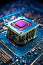 image of an ai processor chip and cpu circuit board - luminescent circuits surround the microchips and connections Royalty Free Stock Photo
