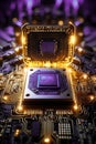 image of an ai processor chip and cpu circuit board - luminescent circuits surround the microchips and connections Royalty Free Stock Photo