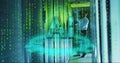 Image of ai text, binary coding data processing over asian businessm by computer servers Royalty Free Stock Photo