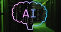 Image of ai text and brain icon over binary data processing and server room Royalty Free Stock Photo