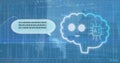 Image of ai text in cloud over binary codes, computer language, map, trading board on buildings Royalty Free Stock Photo