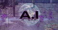 Image of ai text, globe with binary coding and data processing over city Royalty Free Stock Photo