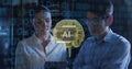 Image of ai text, human brain, binary coding over it engineers by computer servers Royalty Free Stock Photo