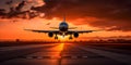 Image of airplane with its landing gear extended just before touching runway at sunset Royalty Free Stock Photo