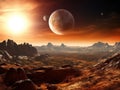 image of an alien world with multiple suns or moons in the sky Royalty Free Stock Photo