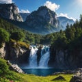 Alpine waterfall in mountain forest under blue sky. made with Generative AI Royalty Free Stock Photo