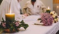 Image of an altar in a catholic church with candles and flowers Royalty Free Stock Photo