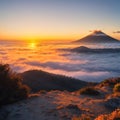 Amazing sunset light and color on volcano island in background with clouds and blue sky. Beautiful travel