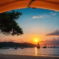 amazing tropical sunset and silhouette of sailing boats in Boracay island, Philippines made with Generative AI