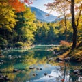 an amazing view of the Panda Lake among the colorful fall forest at the Rize Val... Royalty Free Stock Photo