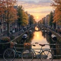 Amsterdam, Netherlands. Panoramic view of autumn Dutch city. Famous channel of Amstel river. Evening