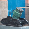 Image of an ancient bronze mortar on a pedestal in the Arsenal. St. Petersburg, Russia