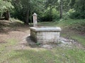 Ancient fountain in the park with transparent water Royalty Free Stock Photo