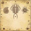 Image of ancient marine organisms: trilobit, mollusk, radiolaria. Royalty Free Stock Photo