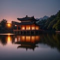 ancient pavilion on the west lake with sunset in hangzhou,China. made with Generative AI