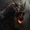 Image of angry demon horse terrifying and flames on dark background. Wildlife Animals. Illustration, Generative AI