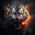 Image of an angry demon tiger terrifying with flames and smoke on dark background. Wildlife Animals. Illustration, Generative AI Royalty Free Stock Photo