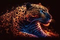 Image of an angry leopard head with a burning fire on black background. Wildlife Animals. Illustration, Generative AI