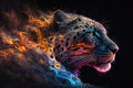 Image of an angry leopard head with a burning fire on black background. Wildlife Animals. Illustration, Generative AI