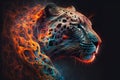 Image of an angry leopard head with a burning fire on black background. Wildlife Animals. Illustration, Generative AI