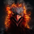 Image of angry rooster face and flames on dark background. Farm animals. Illustration, Generative AI