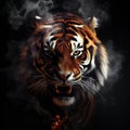 Image of an angry tiger face with fire smoke on black background. Wildlife Animals. Illustration, Generative AI Royalty Free Stock Photo