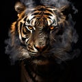 Image of an angry tiger face with fire smoke on black background. Wildlife Animals. Illustration, Generative AI Royalty Free Stock Photo