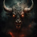 Image of angrya a bull face demon and flames on dark background. Wildlife Animals. Illustration, Generative AI