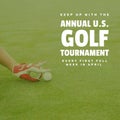 Image of annual us golf tournament text over hand flicking golf ball on golf course