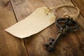 Image of antique key and empty canvas tag Royalty Free Stock Photo