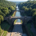 Aquaduct Veluwemeer, Nederland. Aerial view from the drone. A sailboat sails through the aqueduct on the lake above