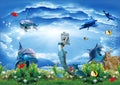 Aquatic landscape with mermaid dolphins and fish Royalty Free Stock Photo