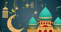 Image of arabic style rooftops, crescent moon, lamps and stars with falling confetti on blue