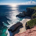 Areal view of atlantic ocean hitting the granite rocks on the coast. rocky environment with amazing color of the ocean