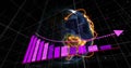 Image of arrow on falling graph and lines on rotating globe against space