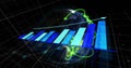 Image of arrow on growing bar graph and lines over rotating globe over black background