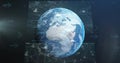 Image of arrows and data processing on interface screens over globe in night sky Royalty Free Stock Photo