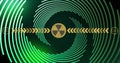 Image of arrows and ionizing radiation hazard symbol over spiral pattern in background Royalty Free Stock Photo