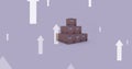 Image of arrows pointing up over stack of boxes on purple background