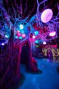 Art display at Otherworld of colorful trees and orbs